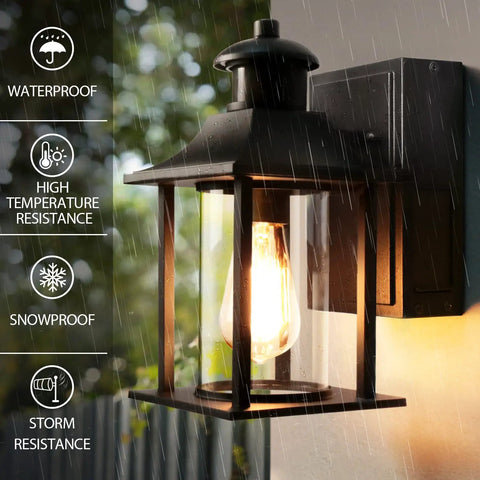 Outdoor Wall Lantern With Built In GFCI Outlets Waterproof Porch Light With Motion Modes in rain showing light bulb.