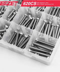 Front view of YEEZET 620-piece stainless steel bolts and nuts in a clear plastic organizer (M4–M6)