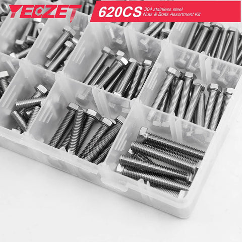 Front view of YEEZET 620-piece stainless steel bolts and nuts in a clear plastic organizer (M4–M6)