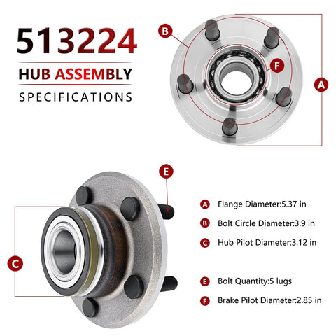 Pair Front Wheel Hub Bearing Assembly For 2005-2011 Chrysler 300, 2005-2008 Dodge Magnum, 2006-2010 Charger, 2008-2010 Challenger - RWD Direct Fit OE-Style Replacement With Premium Bearings For Smooth Daily Driving And Easy Install; Diagram showing specifications