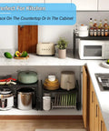 Expandable 110 Lbs Heavy Duty Metal Shelving Unit For Pots N Pans, Microwave And Small Appliances shown in kitchen setting.