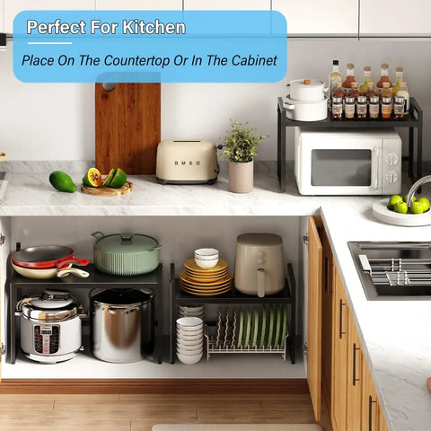 Expandable 110 Lbs Heavy Duty Metal Shelving Unit For Pots N Pans, Microwave And Small Appliances shown in kitchen setting.