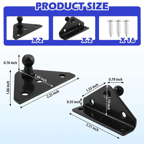 Front and side views of black ball-stud mounting brackets set, 4 pieces (2 flat, 2 angled) with 16 screws for struts.