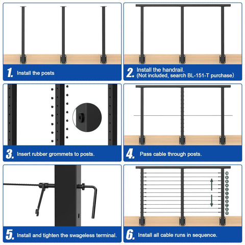 Installation steps for 36 Inch Side Mount Cable Railing Post Kit With Fascia Deck Brackets Slick Black Swageless Stainless Steel.