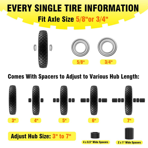 Amazon 16-inch solid wheelbarrow tire with 5/8 in and 3/4 in bearings; includes spacers for 3-7 in hub lengths.