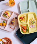 8 Pack Unbreakable Divided Dinner Plates with three compartments, showcasing assorted meals on 10 inch reusable BPA free plates