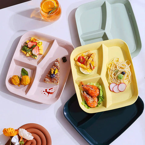 8 Pack Unbreakable Divided Dinner Plates with three compartments, showcasing assorted meals on 10 inch reusable BPA free plates