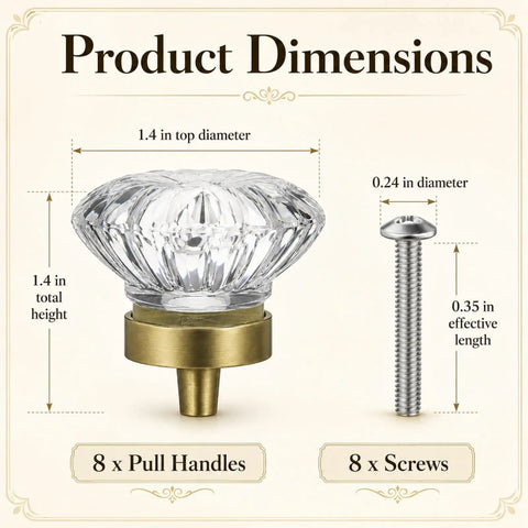 Slick 1.38 Inch Flower Shape Crystal Cabinet Knobs With Heavy Duty Solid Brass Base dimensions illustration with measurements.