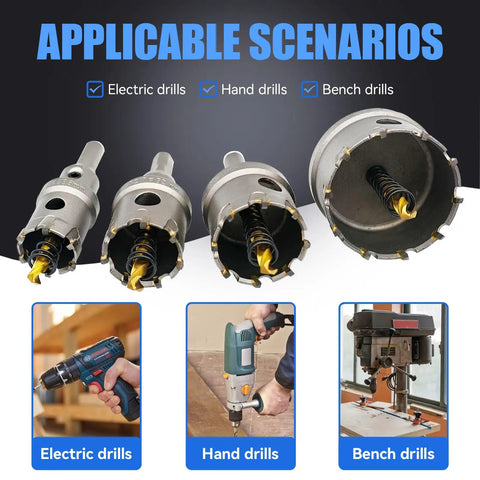 Heavy Duty Carbide Hole Saw Kit For Metal, 14 Piece Set With Titanium Plated Pilot Centers And L Wrenches, electric, hand, bench drills.