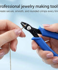 Crimping Pliers For Jewelry Making And Bead Crimp Tool with blue handles, used for delicate beading with 2mm to 5mm beads