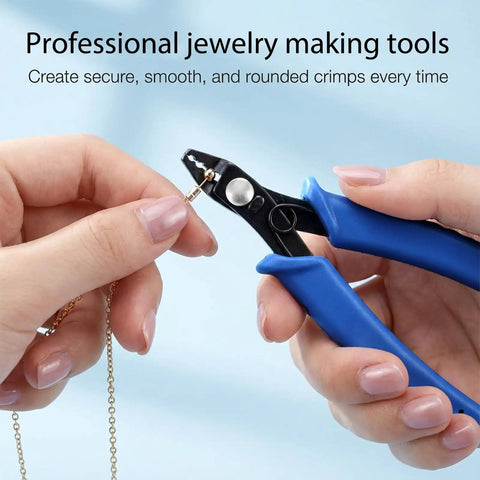 Crimping Pliers For Jewelry Making And Bead Crimp Tool with blue handles, used for delicate beading with 2mm to 5mm beads