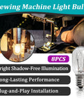 8 Pack 15W 120V Incandescent Sewing Machine Light Bulbs With E26 Base No Brainer Upgrade Compatible With Brother Janome Babylock And Elna Sewing Machines For Bright Clear Illumination While You Sew image showing bulb features and installation.