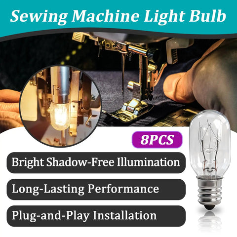 8 Pack 15W 120V Incandescent Sewing Machine Light Bulbs With E26 Base No Brainer Upgrade Compatible With Brother Janome Babylock And Elna Sewing Machines For Bright Clear Illumination While You Sew image showing bulb features and installation.