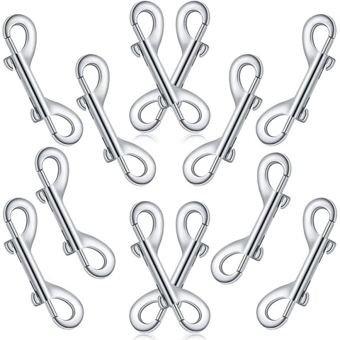 12-piece silver zinc-alloy double-ended bolt snap hook set with dual triggers for leashes, keys, or tack