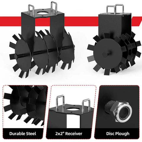 Two Piece ATV Disc Plow Harrow Set For Tractor Attachments, showing steel construction and adjustable angles, for soil loosening