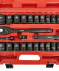 Half Inch Drive Impact Socket Set, 24 Piece Shallow SAE And Metric Sizes, Includes 72 Tooth Ratchet, 5 Inch Extension Bar, Cr V Steel