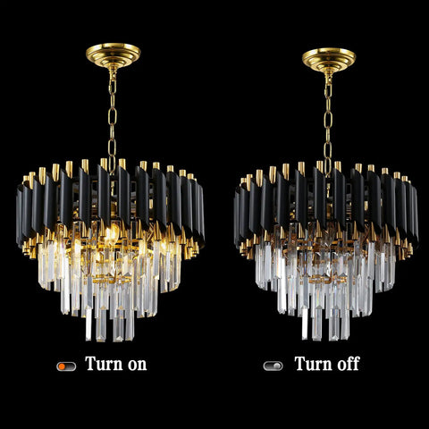 Modern Round Black Crystal Chandelier With Adjustable Cord And Chain, 15.74 Inch Diameter, Four E12 Bulbs, light on and off view.
