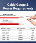 Cable gauge and power requirements for the Premium 27Kw Tankless Electric Water Heater Erases Cold Shower Blues And Keeps Hot Water Flow Rolling All Day.