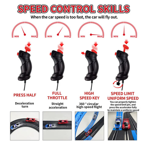 Speed control instructions for 4 Unique Slot Cars Race Track Set For Kids Ages 4 To 12 with S curves and overpass.