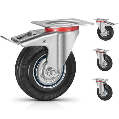 Smooth Gliding Heavy Duty Caster Wheels, 200mm Tpr Rubber Furniture Movers With Foot Brake Options, showcasing a close-up of swivel caster with black rubber wheel.