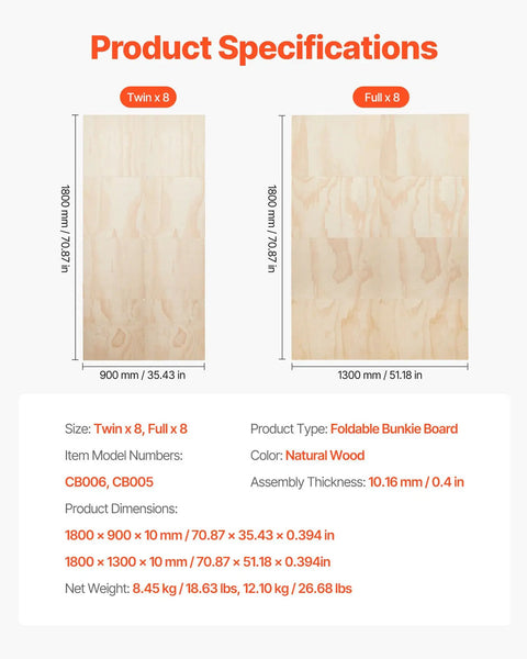 Twin Size Foldable Bunkie Board 35X71 Heavy Duty Wooden Bed Slat Foundation specifications for twin and full sizes.