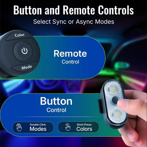 Wireless Interior Ambient LED Light Kit For Cars, 2 Pack With Button And Remote features controls for sync and async modes