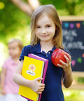 Child holding book with Retro Groovy Floral Name Tag Stickers With Daisy Flower Nameplates for back to school scene