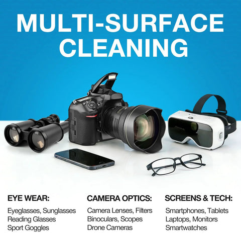 DSLR camera with lens, black binoculars, white VR headset, smartphone, and glasses on a white surface