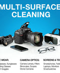 Alcohol Free Glasses Cleaner Kit With Plant Based Microfiber Cloths And Pouch shown with eyeglasses, camera, binoculars, VR headset, smartphone