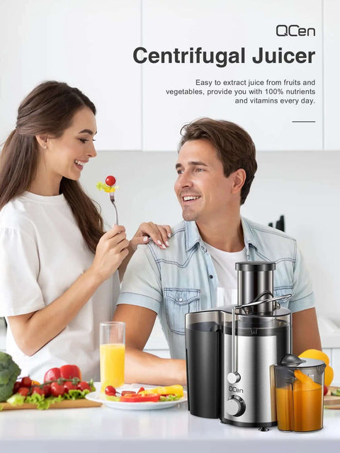 Couple using Powerful 800W Centrifugal Juicer With Wide 3 Inch Feed Chute For Fruit And Veg Stainless Steel Body Black Finish BPA Free