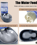 Premium Stainless Steel Automatic Pet Feeder And Water Dispenser With Gravity Fed Bowls Keeping Fur Babies Well Fed And Hydrated showing water feeder with siphon and non-slip features.