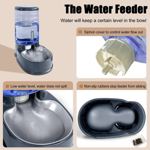 Premium Stainless Steel Automatic Pet Feeder And Water Dispenser With Gravity Fed Bowls Keeping Fur Babies Well Fed And Hydrated showing water feeder with siphon and non-slip features.