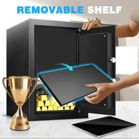 Person removing shelf from 2.5 Cu Ft Fireproof Safe Box For Home Documents With Type C External Power And Electronic Keypad Steel Security Safe With Sensor Light Removable Shelf Ideal For Cash Jewelry And Valuables next to a tablet and trophy.