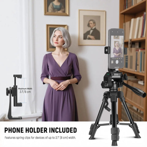 Woman recording video with Beginner Friendly Mini Desk Tripod For iPhone DSLR Camcorder And Webcam, phone holder visible