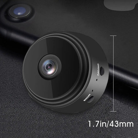 Tiny WiFi Spy Camera With Night Vision, Ultra Small Hidden Nanny Cam For Home And Office shown next to a phone, 43mm diameter.