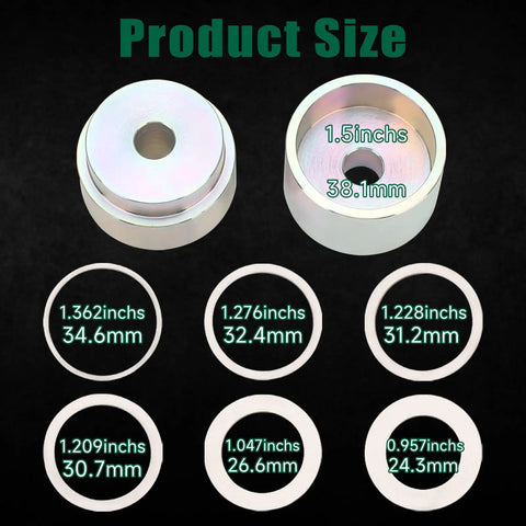 Heavy Duty Coin Ring Puncher Spacer Set Includes Six Precision Gauge Washers For Dead On Hole Sizing And No Sweat Do It Yourself Jewelry Making Projects, showing sizes and measurements.