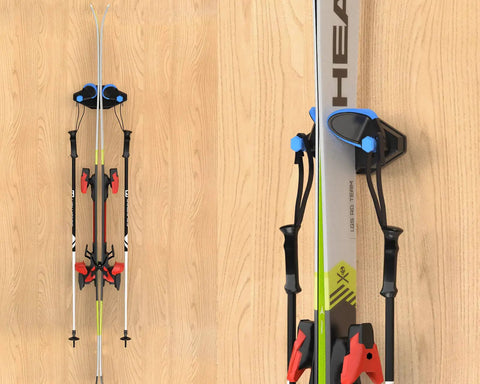 Sleek Ski Wall Mount And Snowboard Storage Rack For Garage Walls Featuring Scratch Guard Rubber Grips And Multi Pole Side Hooks For A Badass Winter Setup 1 Pack showing mounted skis and ski poles on a wall.