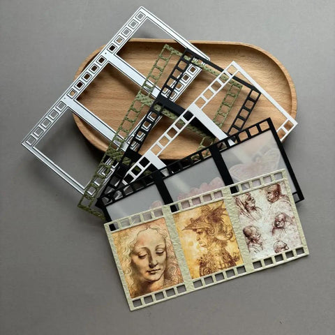Totally Versatile Vintage Film Frame Die Cutting Set for Card Making and Scrapbooking, 6 piece die cuts on wooden tray
