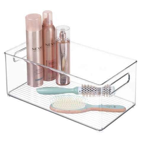 Clear deep plastic storage organizer bin for bath and shower with shampoo, vitamins, med supplies, beauty tools 2 pack.