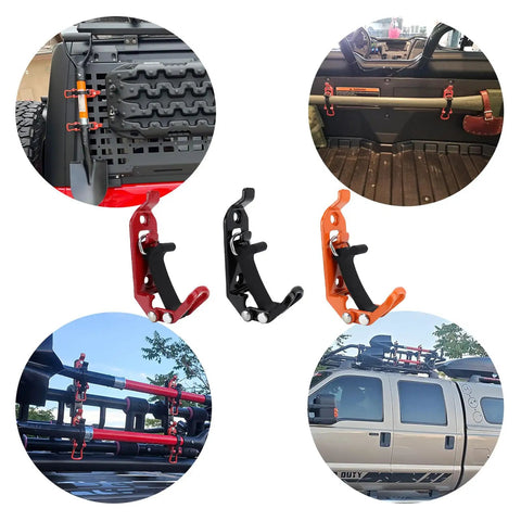 Multi Tool Fixation Car Roof Rack Fastener Quick Install Mount For Shovels Hammers Rakes And More Universal Fit Wide Diameter Tool Compatibility Easy To Use On The Go displayed in various installation views on vehicles.