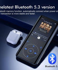 64GB Bluetooth 5.3 MP3 Player With Built In Speaker And 2.4 Inch Screen showcasing music playback next to earbuds