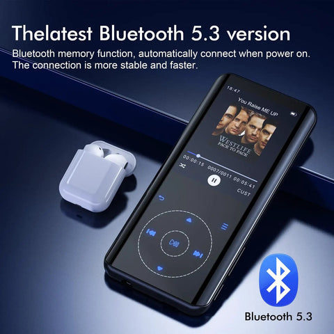64GB Bluetooth 5.3 MP3 Player With Built In Speaker And 2.4 Inch Screen showcasing music playback next to earbuds