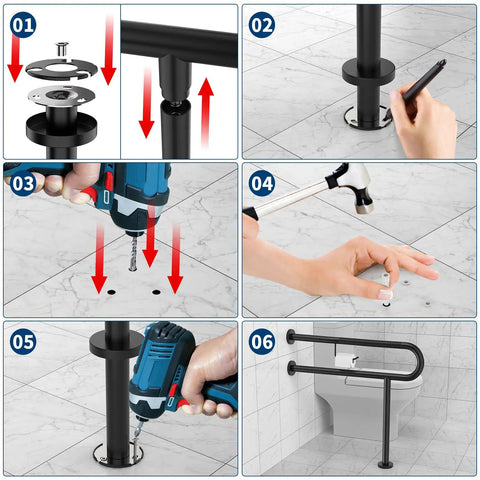 Installation steps for Slick Matte Black Wall To Floor Toilet Safety Grab Bar With Paper Holder on bathroom floor.