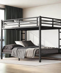 Heavy Duty Queen Over Queen Bunk Bed Frame Rock Solid Steel Sleep Stack For Adults And Teens Built Tough Loft Setup With Safe Ladder Plus Guardrails Silent Slats Zero Box Spring Needed Black in modern bedroom with bedding and curtains.