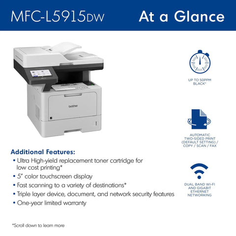 Professional Monochrome Laser All In One Printer With Scanner And Copier Lightning Fast 50 Ppm Printing Wireless Network Ready With Dual Band WiFi Auto Duplex Print For Busy Offices Model MFC L5915DW featuring touchscreen and compact design