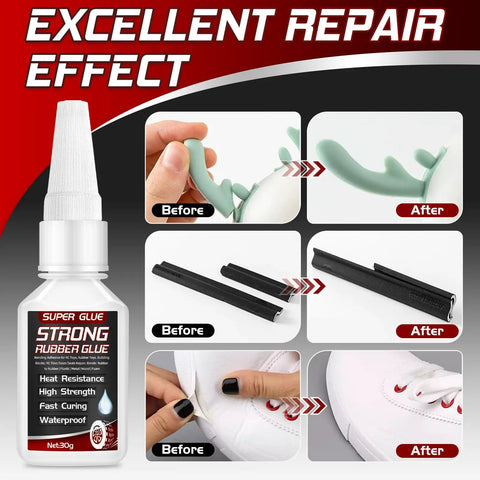 Heavy Duty Rubber Glue For Tires And Seals, Tough As Nails Adhesive For Gaskets, Shoe Soles, Hoses And More, Waterproof And Heat Resistant bottle with repair examples