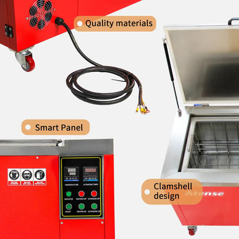 Industrial 81 Gallon Ultrasonic Cleaner Workhorse Rig With Digital Heater And Timer Triple Phase Power showing smart panel and clamshell design.
