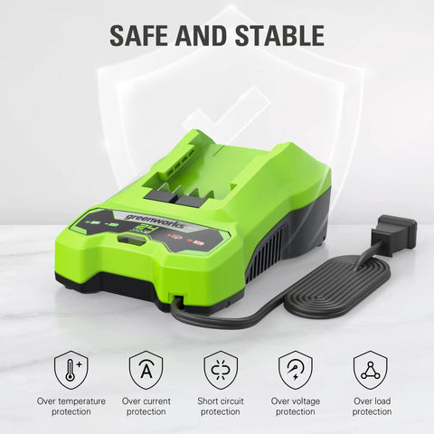 24V Battery Charger With Diagnostic LED for 1.5Ah to 5Ah 24V Packs on marble surface showing protection features