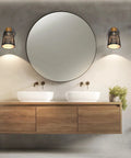 Bathroom with round mirror and two pack plug in dimmable RGB white wall lights with smart bulb and switch control easy app control.