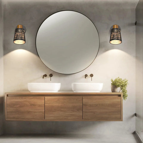 Bathroom with round mirror and two pack plug in dimmable RGB white wall lights with smart bulb and switch control easy app control.